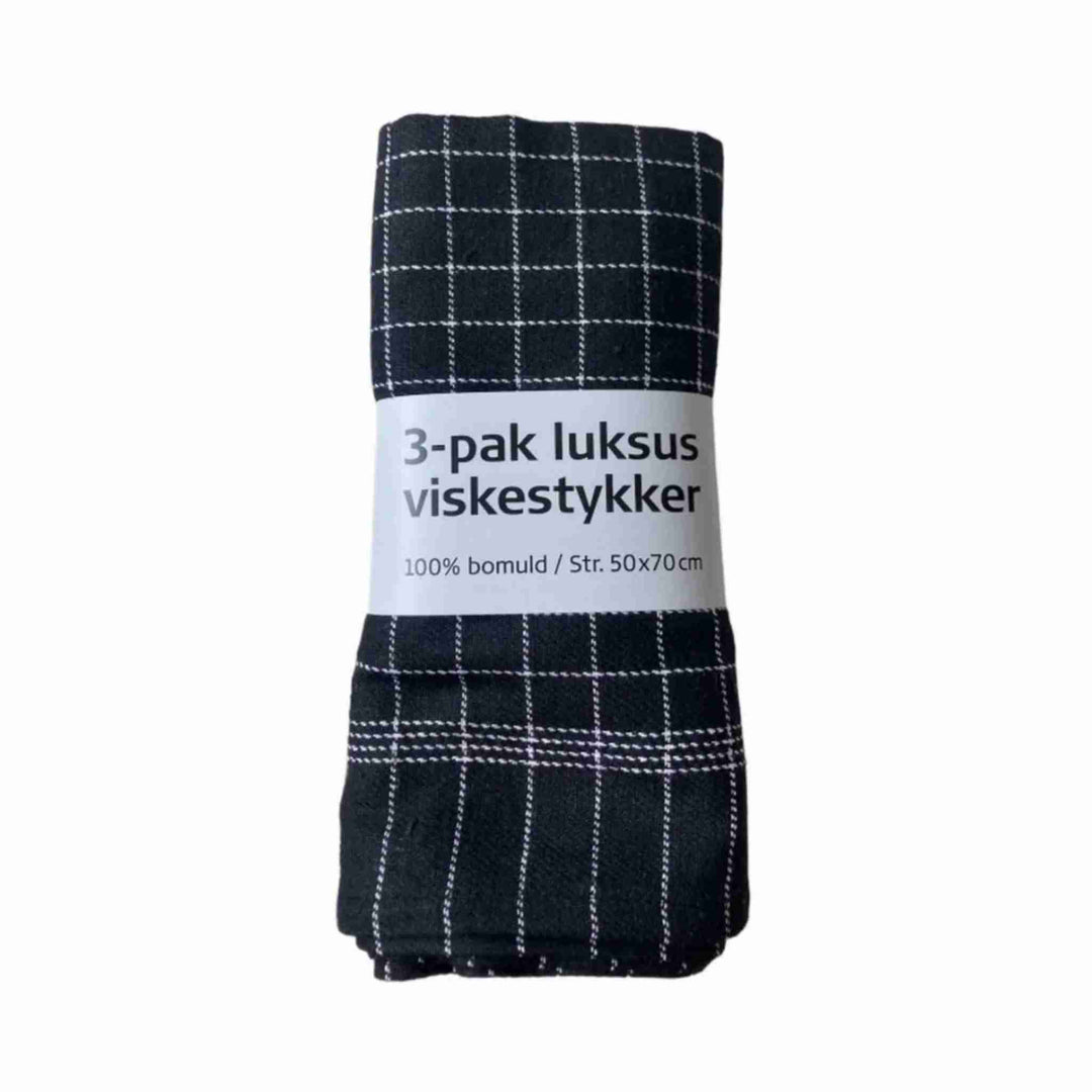 Sorte viskestykker 50x70 cm, 3 stk. 100% bomuld, stilfulde med hvid stribe. Vaskbare ved 90°C, ideelle til køkkenbrug.