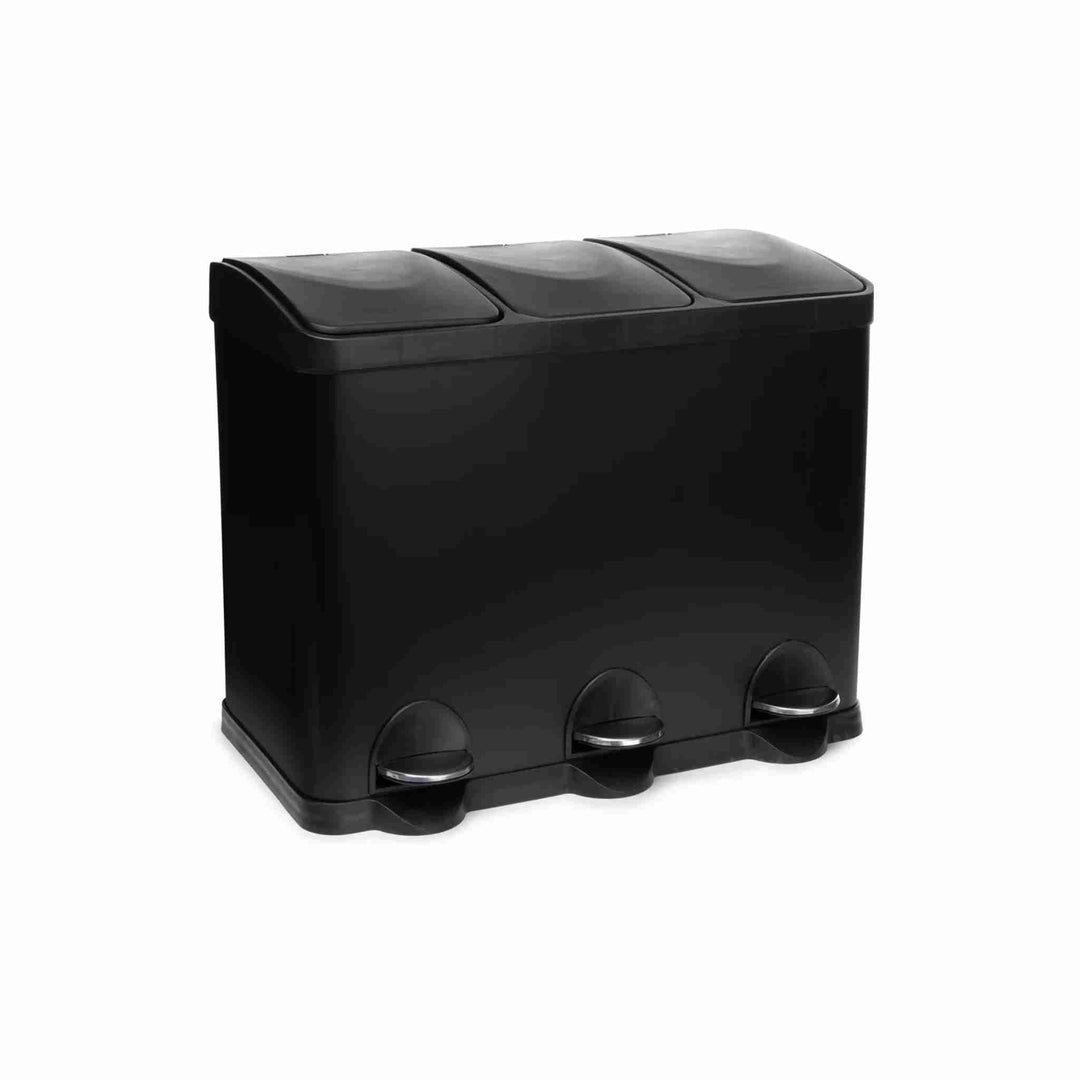 Sort affaldssorteringsspand med pedal, 3 x 20 l aftagelige inderspande og hygiejnisk åbning uden berøring.
