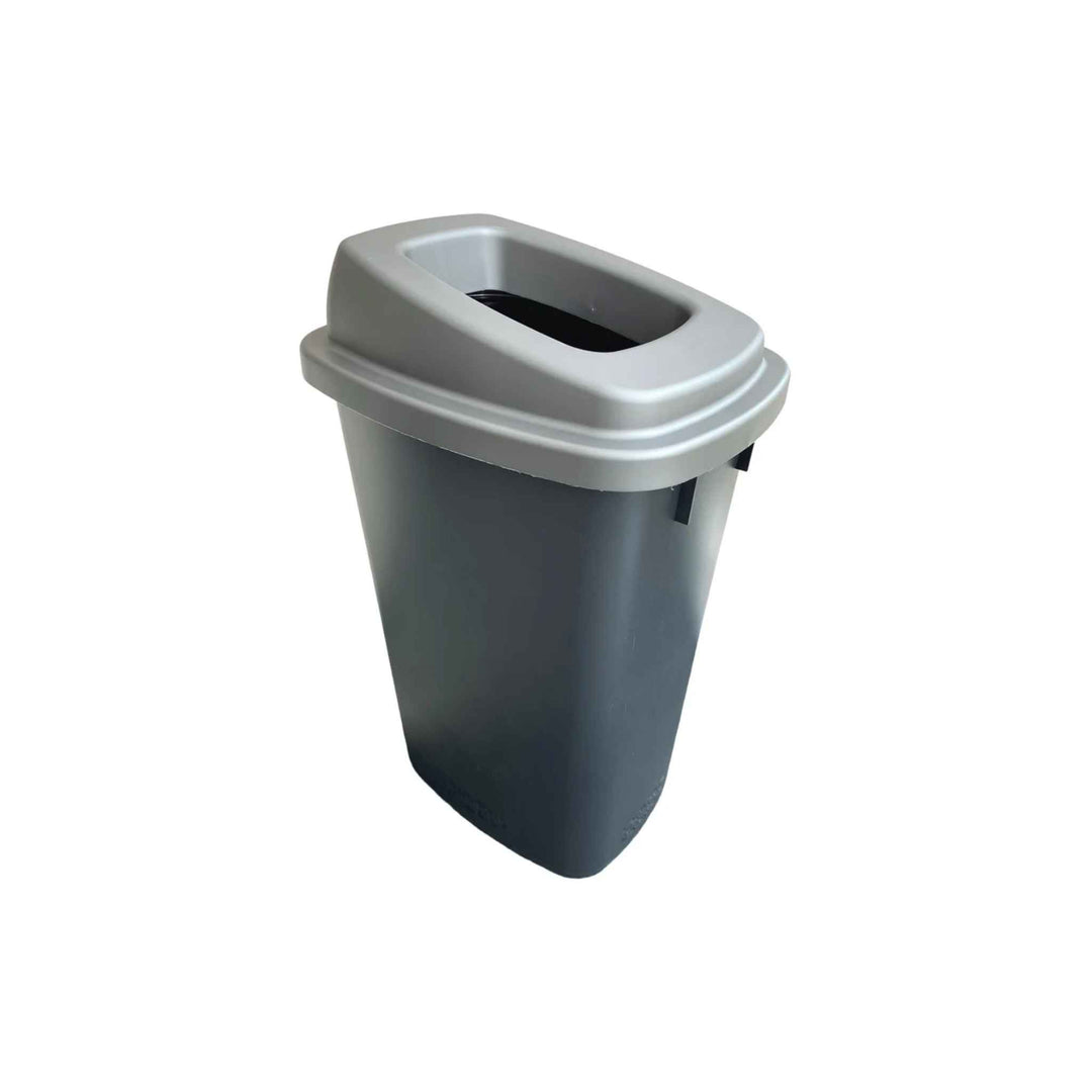 Sort 90 l affaldsspand i genbrugsplast med grå topkrans, til sortering med poseholder og piktogram.