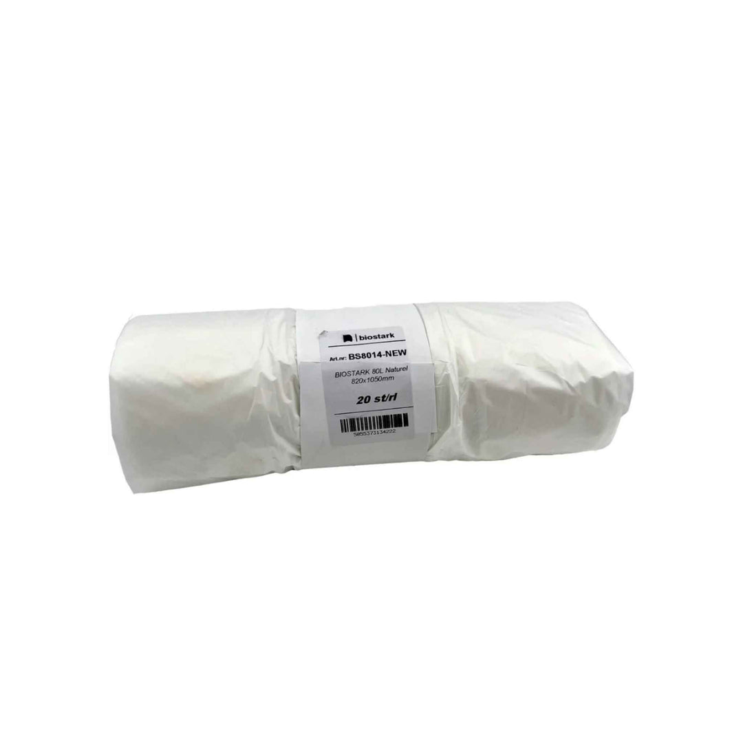 Bioposer 80 liter (82×105 cm), rulle á 20 stk, biologisk nedbrydelige PLA-poser til affaldshåndtering.
