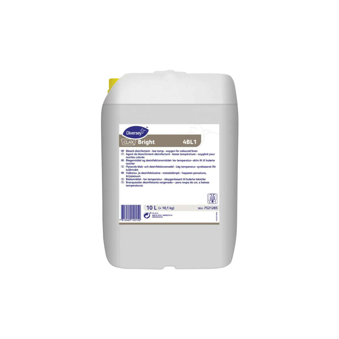 Diversey Clax Bright 4BL1 10 ltr., flydende blegemiddel til professionel vask med effektiv desinfektion og skånsom virkning.