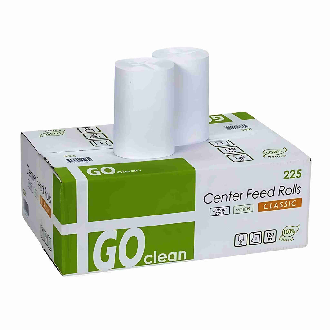 Centerruller Go Clean Mini S, 120 m. 1-lags papir uden hylse. Hurtigt absorberende og velegnet til håndaftørring og overflader.