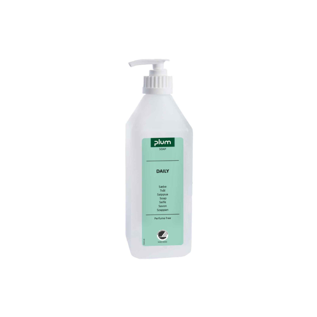 Plum Daily cremesæbe 600 ml. x 15 stk. Mild, uparfumeret og svanemærket sæbe til hænder og krop.