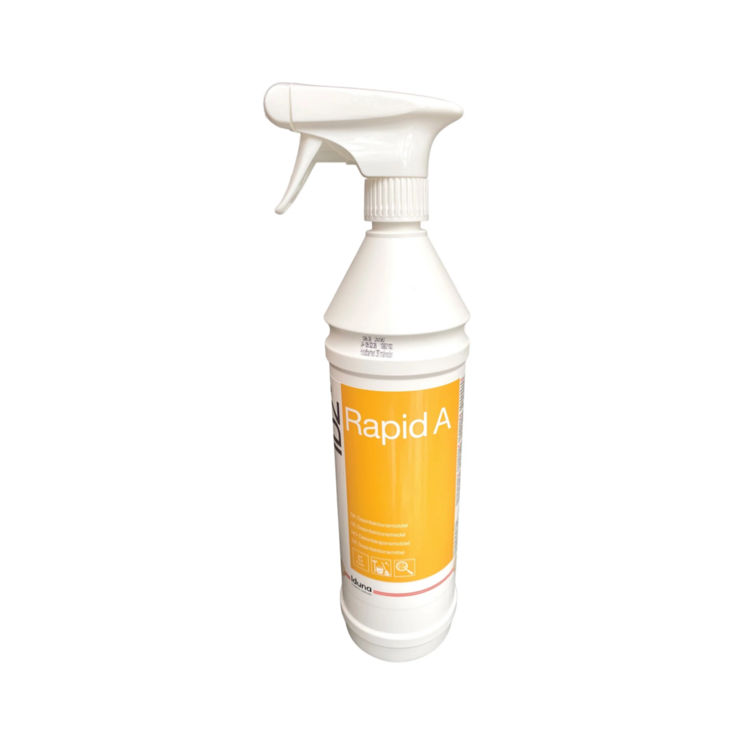 Rapid A desinfektionsspray 1000 ml. Fødevaregodkendt og klar til brug. Effektiv til overfladedesinfektion. Velegnet til køkkener og sundhedssektoren.