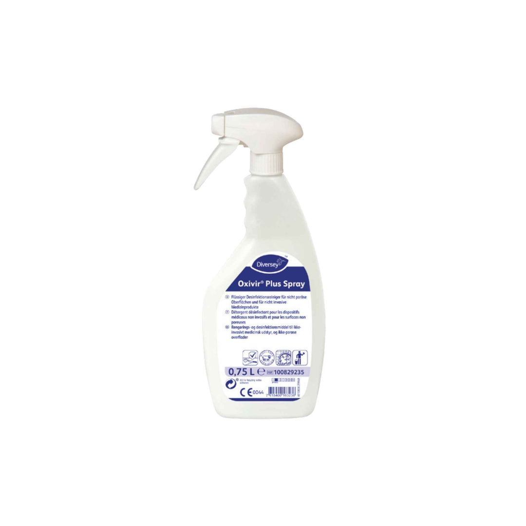 Diversey Oxivir Plus Spray 750 ml. x 6 stk., klar-til-brug desinfektionsmiddel til hårde overflader og udstyr.
