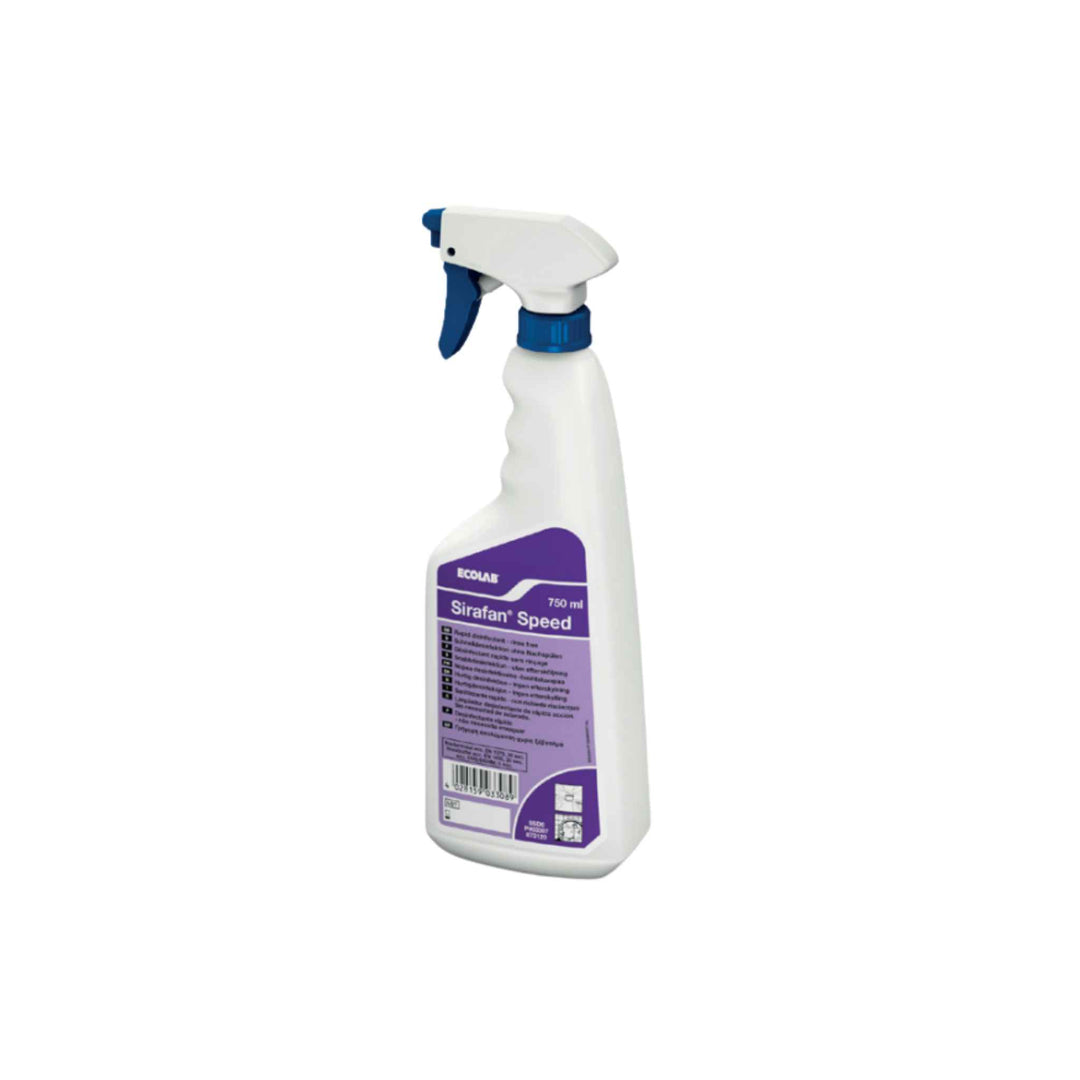 Ecolab Sirafan Speed desinfektionsspray 750 ml. x 6 stk., hurtigvirkende middel til overflader i fødevaremiljøer.