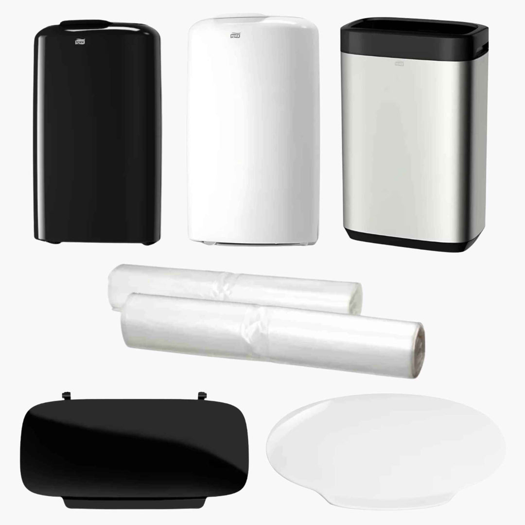 Tork B1 affaldsbeholdere og 50 L spandeposer til væg- eller gulvmontage i elegant Elevation Design.