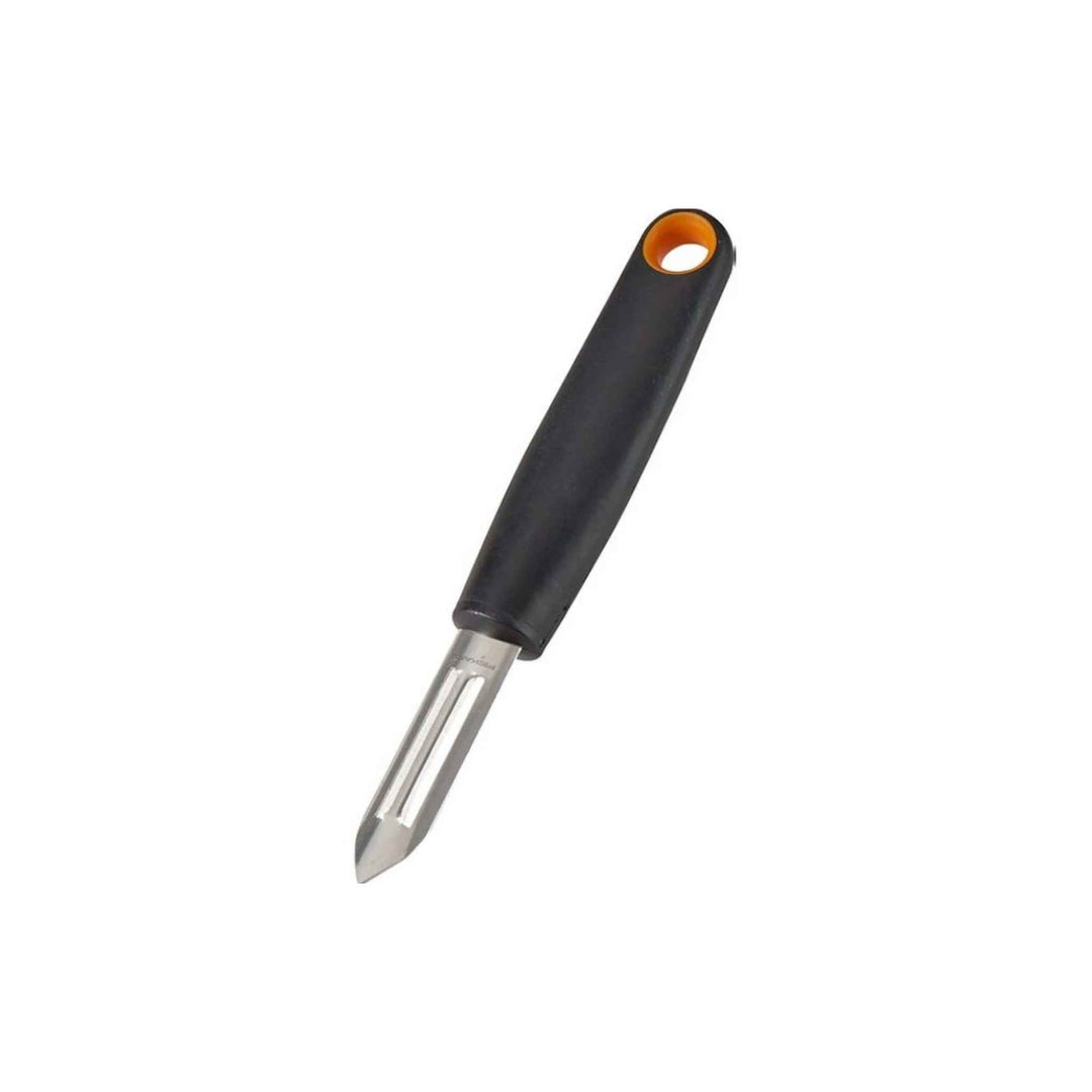 Fiskars skrællekniv med 6 cm rustfri klinge og Soft Grip-håndtag, ergonomisk og opvaskemaskine-sikker.