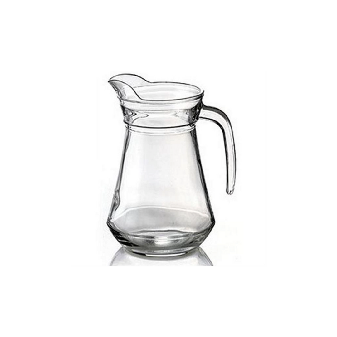 Halvliters glaskande med åben hank og praktisk hældetud, lavet af hærdet glas.