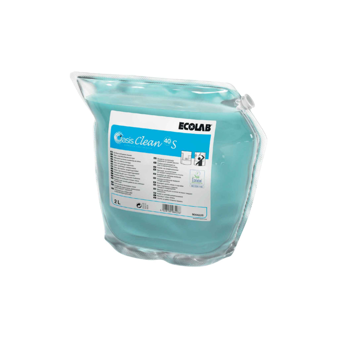 Ecolab Oasis Clean 40S glasrens 2 ltr. x 2 stk., pH-neutral og skånsom rengøring til glas og spejle, efterlader stribefri glans.