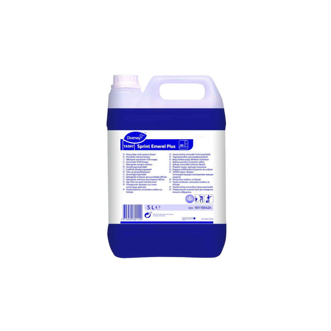 Diversey Taski Sprint Emerel Plus 5 ltr. x 2 stk., stærkt grundrengøringsmiddel til effektiv fjernelse af snavs og fedt.