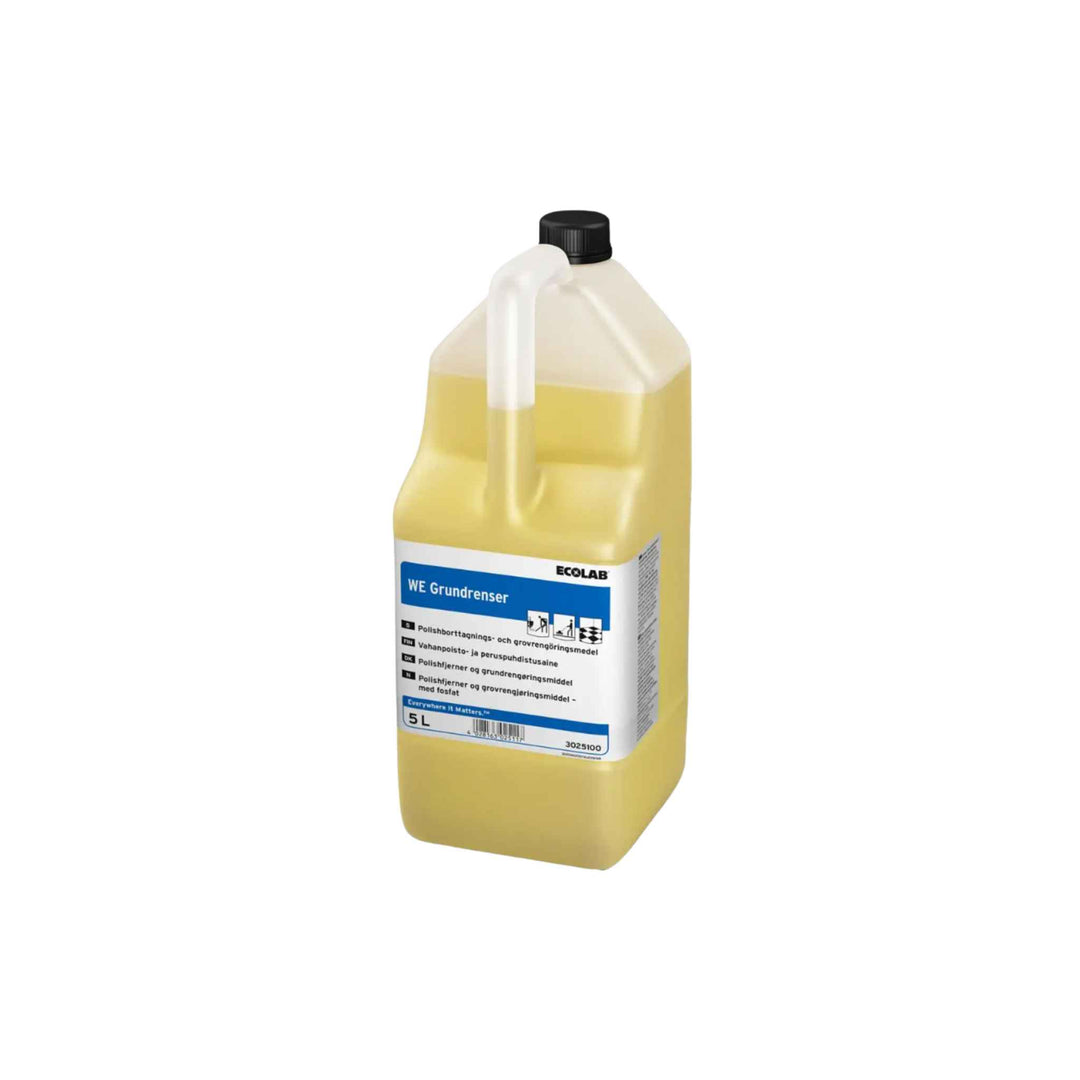 Ecolab WE Grundrenser 5 ltr. x 2 stk., højalkalisk rengøringsmiddel til gulve, fjerner fedt, olie og plejefilm effektivt.