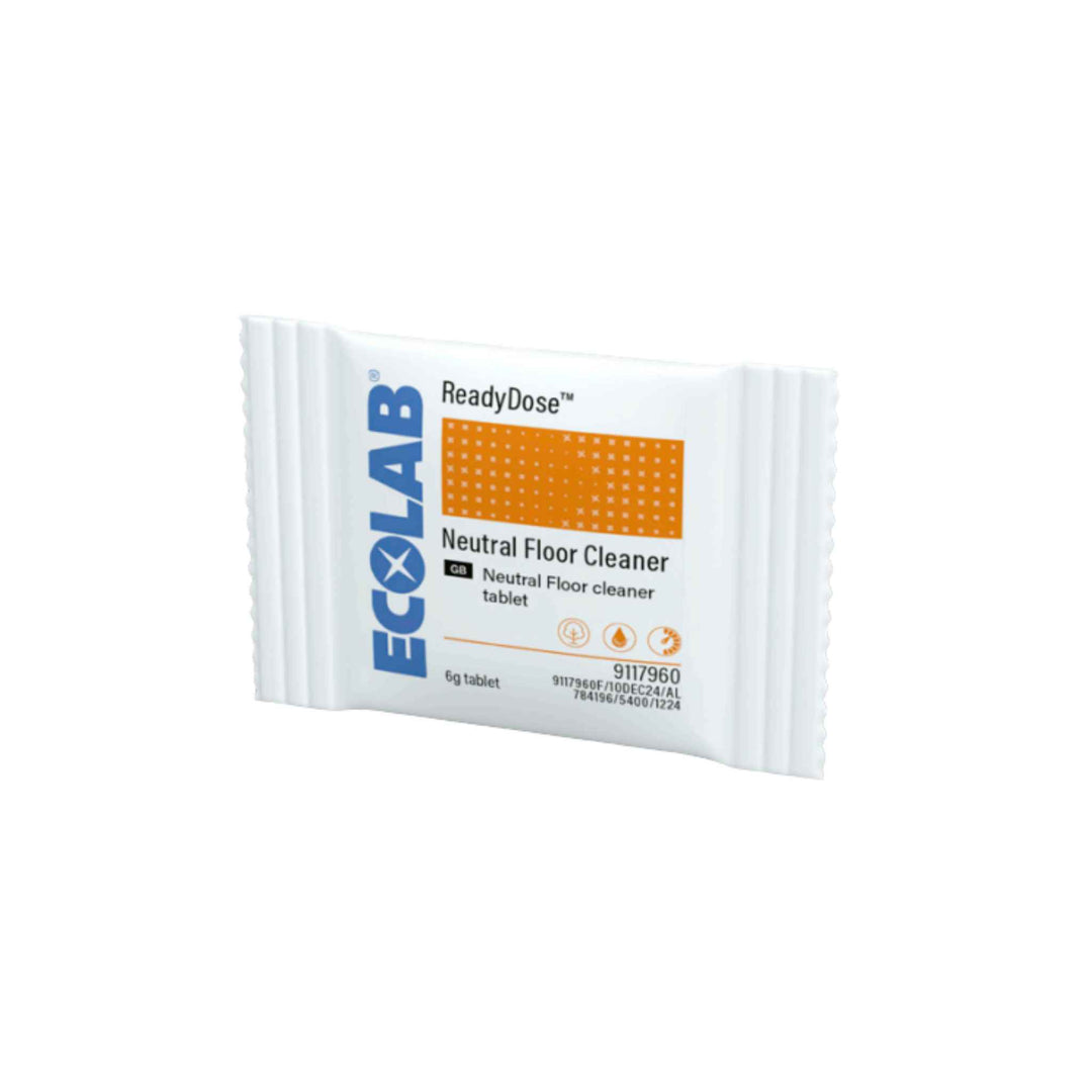 Ecolab ReadyDose Tabs gulvrengøring 60 stk., effektive tabletter der fjerner fedt, smuds og sæbefilm på hårde gulve.