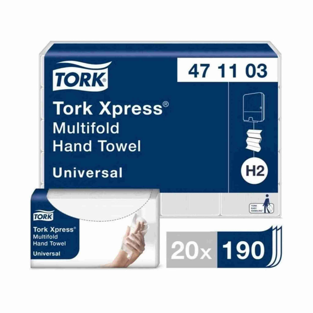 Tork H2 Universal 2-lags håndklædeark, 3800 stk. Bløde og effektive håndklædeark til hygiejnisk håndaftørring. Passer til Tork H2 dispensere. Leveres i 20 pakker med 190 ark pr. pakke.