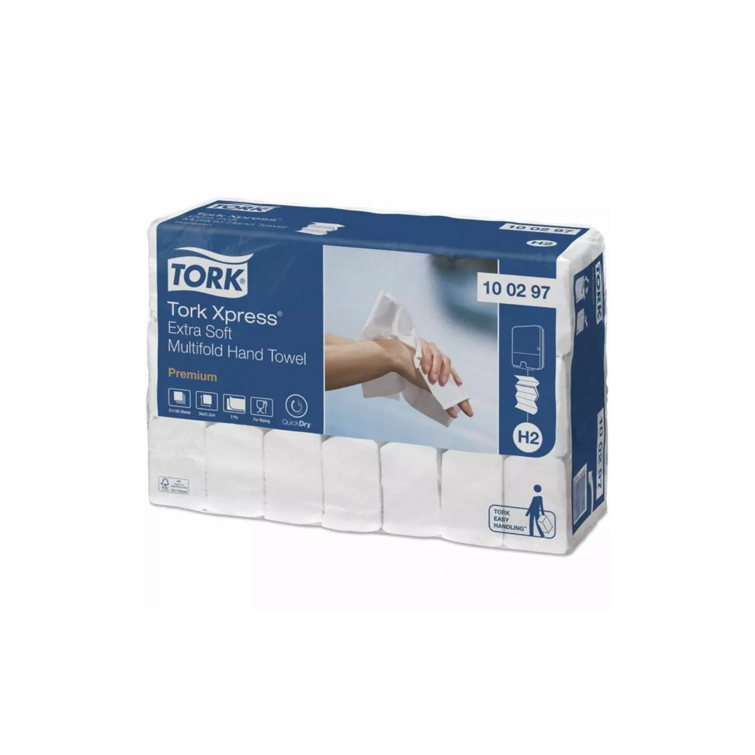 Håndklædeark Tork H2 Xpress Premium Extra Soft 2-lags 100297 - Cares.dk tilbyder Tork Xpress Premium Extra Soft håndklædeark i 2-lags kvalitet. Disse store og bløde håndklædeark skåner hænderne og leverer en komfortabel oplevelse. Designet til at levere høj komfort med blød tekstur og behagelig følelse ved hver brug. En bekvem, hygiejnisk og let vedligeholdelig løsning skabt med dine gæsters komfort og sundhed i tankerne. Mærket med EU-blomsten for miljøvenlighed. Der leveres 2100 stk. fra Cares.dk.