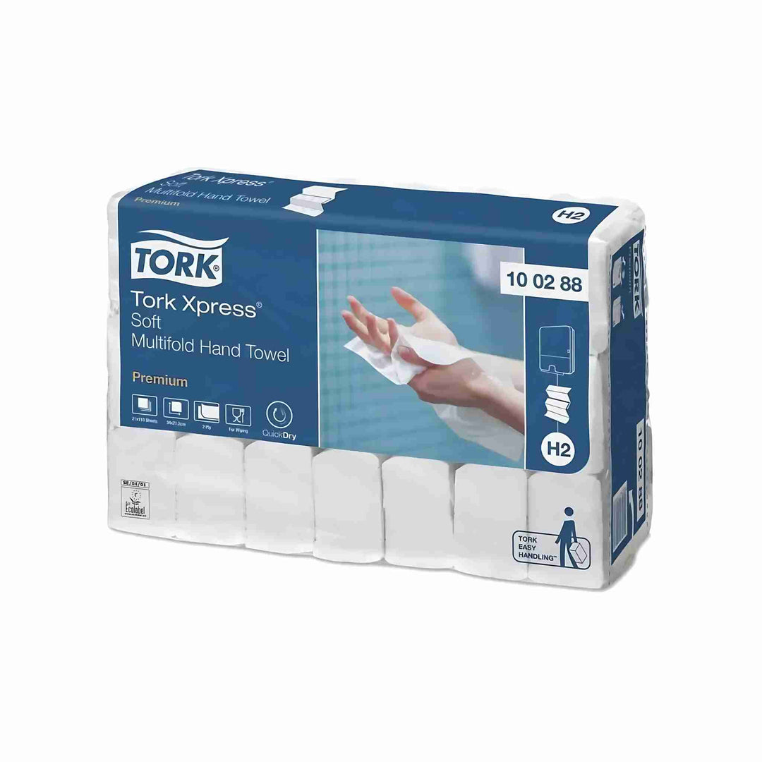 Tork H2 Xpress Premium Soft 2-lags håndklædeark, 2310 stk. Skånsom og effektiv håndaftørring med høj sugeevne og QuickDry teknologi for hurtig aftørring og reduceret spild. Designet til toiletter med moderat brugerfrekvens og begrænset plads. Passer perfekt til Tork H2 Xpress dispenser. EU-blomsten certificeret for et miljøvenligt valg. Leveres i 21 pakker á 110 ark.