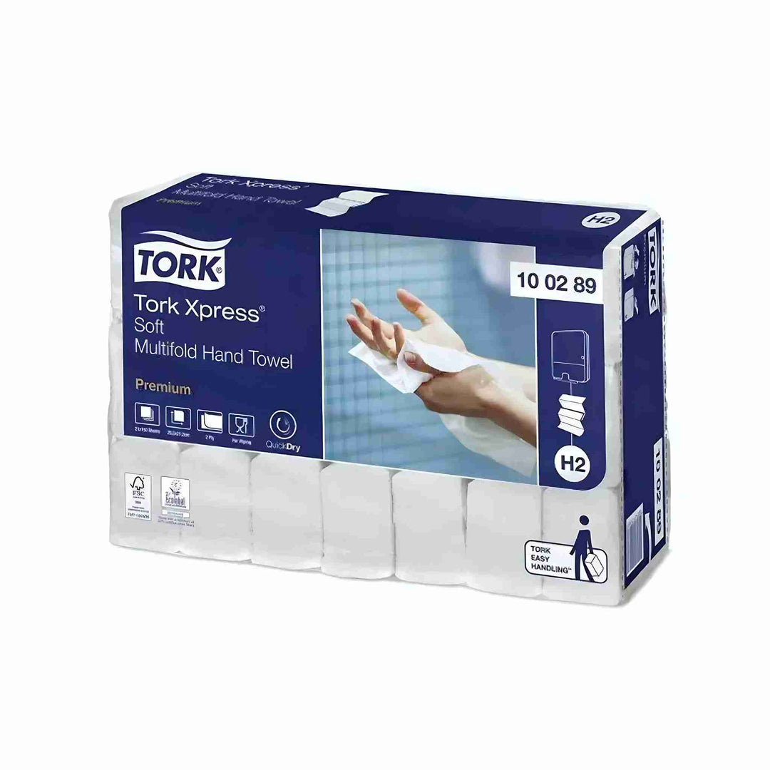 Tork H2 Xpress Soft 2-lags håndklædeark, 3150 stk. Bløde og sugende ark med QuickDry teknologi for effektiv aftørring og reduceret forbrug. Designet til Tork Xpress dispensere og ideel til toiletter med moderat brugerfrekvens. Miljøvenligt valg med EU-Blomsten. Leveres i 21 pakker á 150 ark.