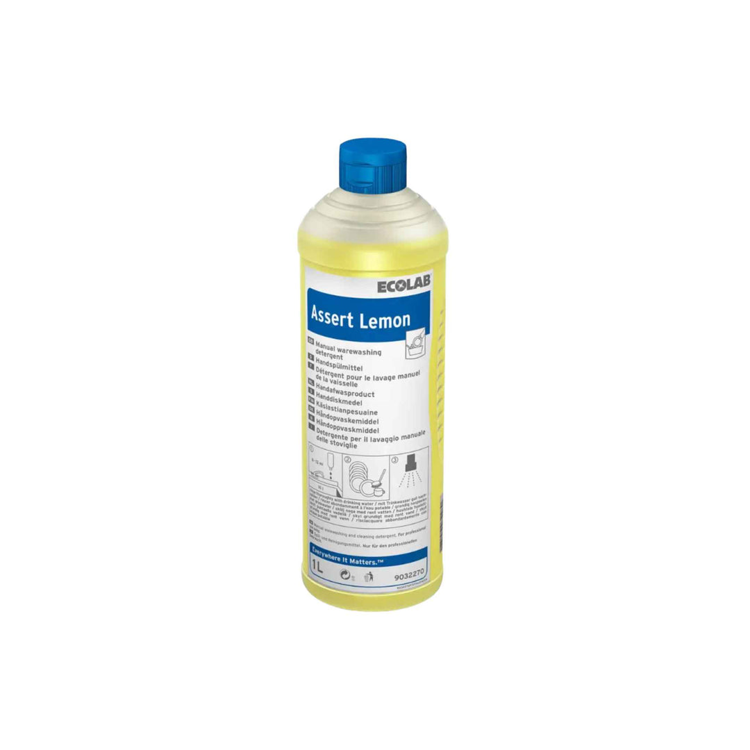 Ecolab Assert Lemon håndopvask 1 ltr. x 6 stk., pH-neutral opvaskemiddel med frisk citronduft til effektiv fedtfjernelse.