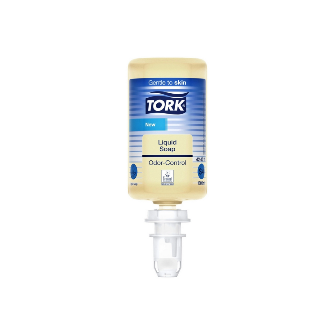 Tork S4 Odor Control 424011 håndsæbe - fjerner lugt fra fødevarer. Mild og miljøvenlig. 6 flasker á 1 liter fra Cares.dk.