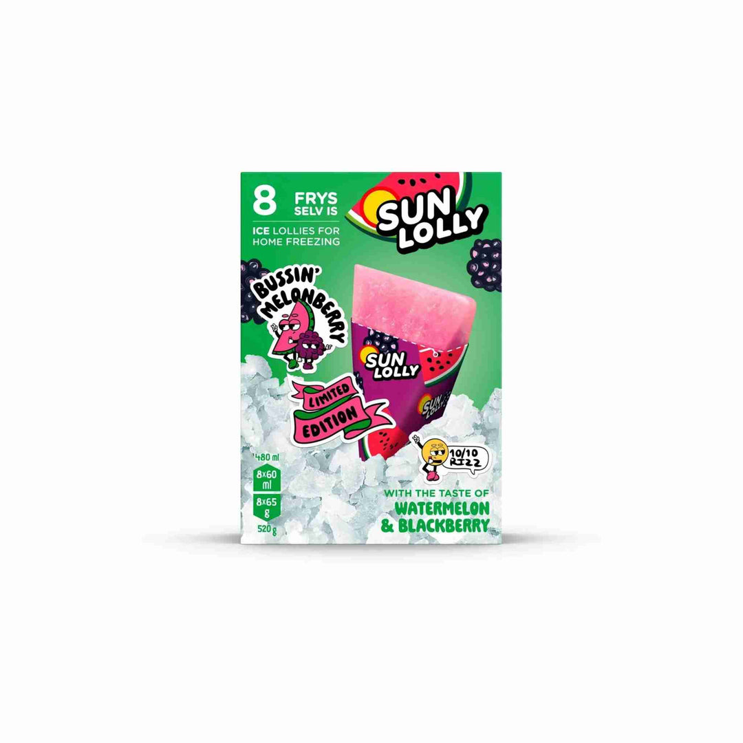 Is Sun Lolly med vandmelon- og brombærsmag, 8 stk., saftig frugtis uden kunstige tilsætninger.