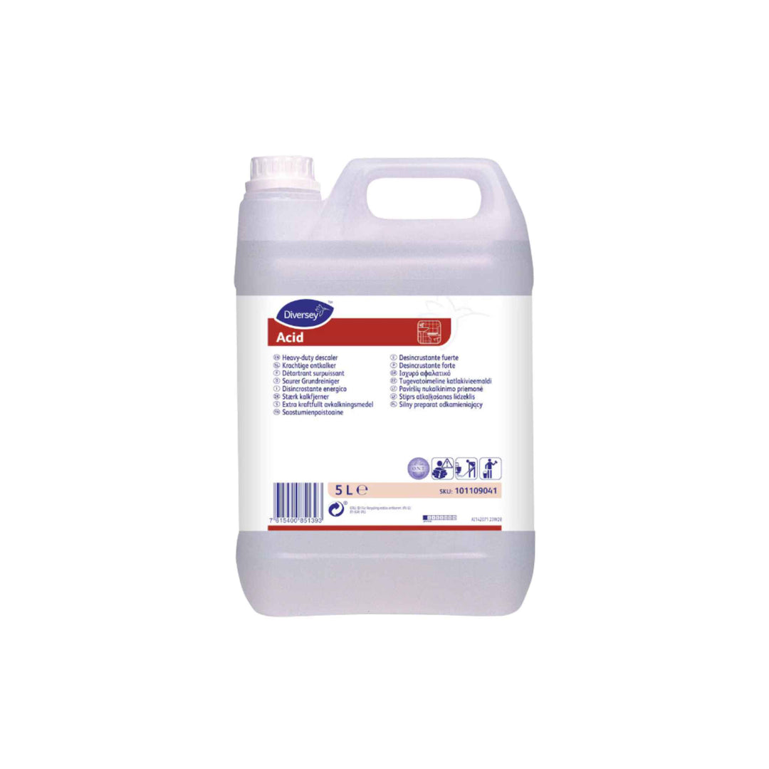 Diversey Acid 5 ltr. x 2 stk., kraftig kalkfjerner til fliser, stentøj og rustfrit stål med frisk duft og O.N.T.-teknologi.