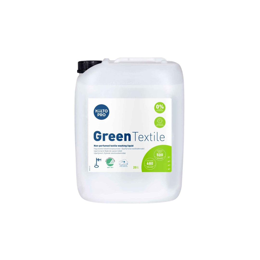 Kiilto Pro Green Textile vaskemiddel 20 L — farvebeskyttende, uparfumeret, Svanemærket og allergivenligt.
