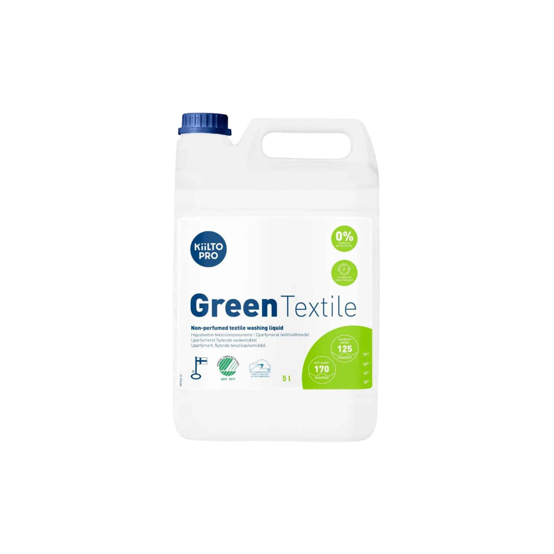 Kiilto Pro Green Textile vaskemiddel 5 L, uparfumeret, farvebeskyttende og Svanemærket.