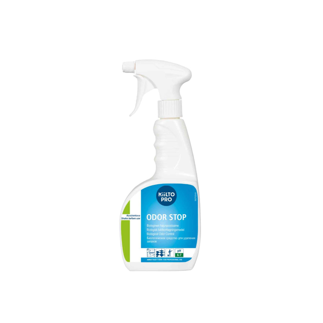 Kiilto Pro Odor Stop lugtfjerner 750 ml, biologisk, nedbryder lugtkilder med bakteriesporer — klar til brug.