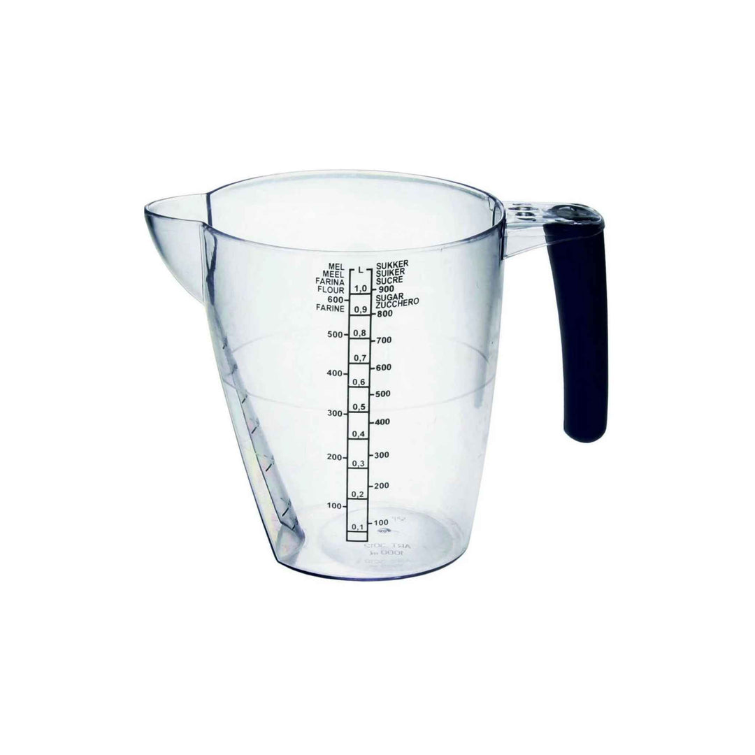 Litermål med hank i SAN-plast, 1 L, TPE-håndtag med skridsikring for præcis måling af væsker, mel og sukker.