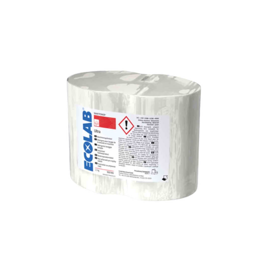 Ecolab Smartpower Ultra maskinopvask 3,1 kg x 4 stk., klorholdigt fast middel til hårdt vand, effektiv og bæredygtig løsning.