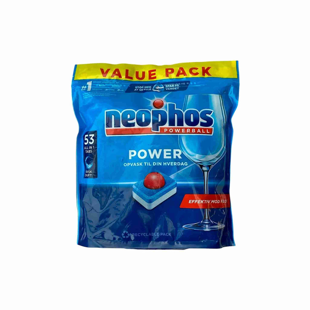 Neophos Powerball Power opvasketabs, 53 stk i genlukkelig pose, biologisk nedbrydelig film og indbygget saltfunktion.