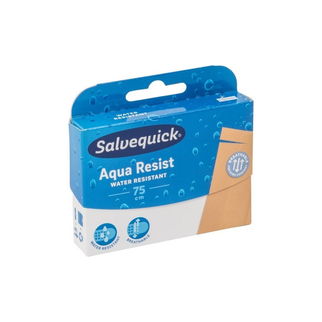 Effektiv hudfarvet Salvequick plaster, 12 ruller á 75 cm, åndbart, vandtæt og fleksibelt.