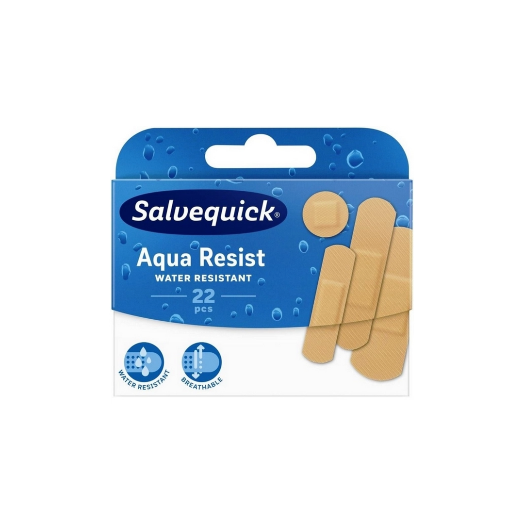 Effektive hudfarvede Salvequick plastre, 12 pakker med 22 stk., åndbare, vandtætte og fleksible.