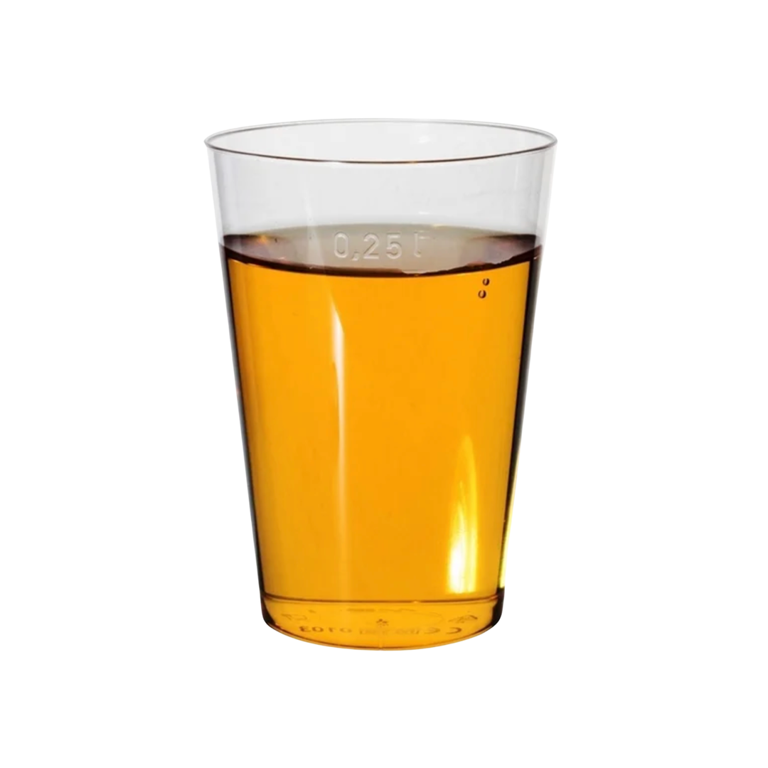 Plastglas splintfri 25/33 cl, 25 stk. Klar plastglas til engangsbrug – rummer 25 cl til skænkekant og 33 cl til top. Splintfrit design, perfekt til events, fester og sikker servering.