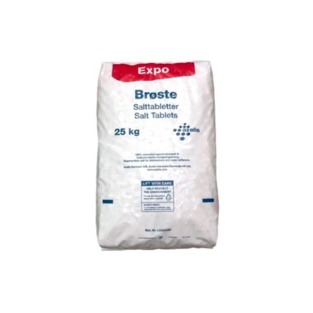 Salttabletter Brøste, 25 kg. Fødevaregodkendt vakuumsalt. Blødgør vand, fjerner kalk og forlænger maskiners levetid.