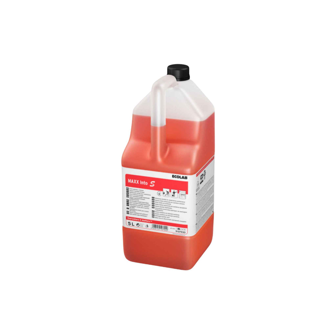 Ecolab Maxx Into S sanitetsrengøring 5 ltr. x 2 stk., syrebaseret gel, fjerner kalk og snavs effektivt fra sanitære overflader.
