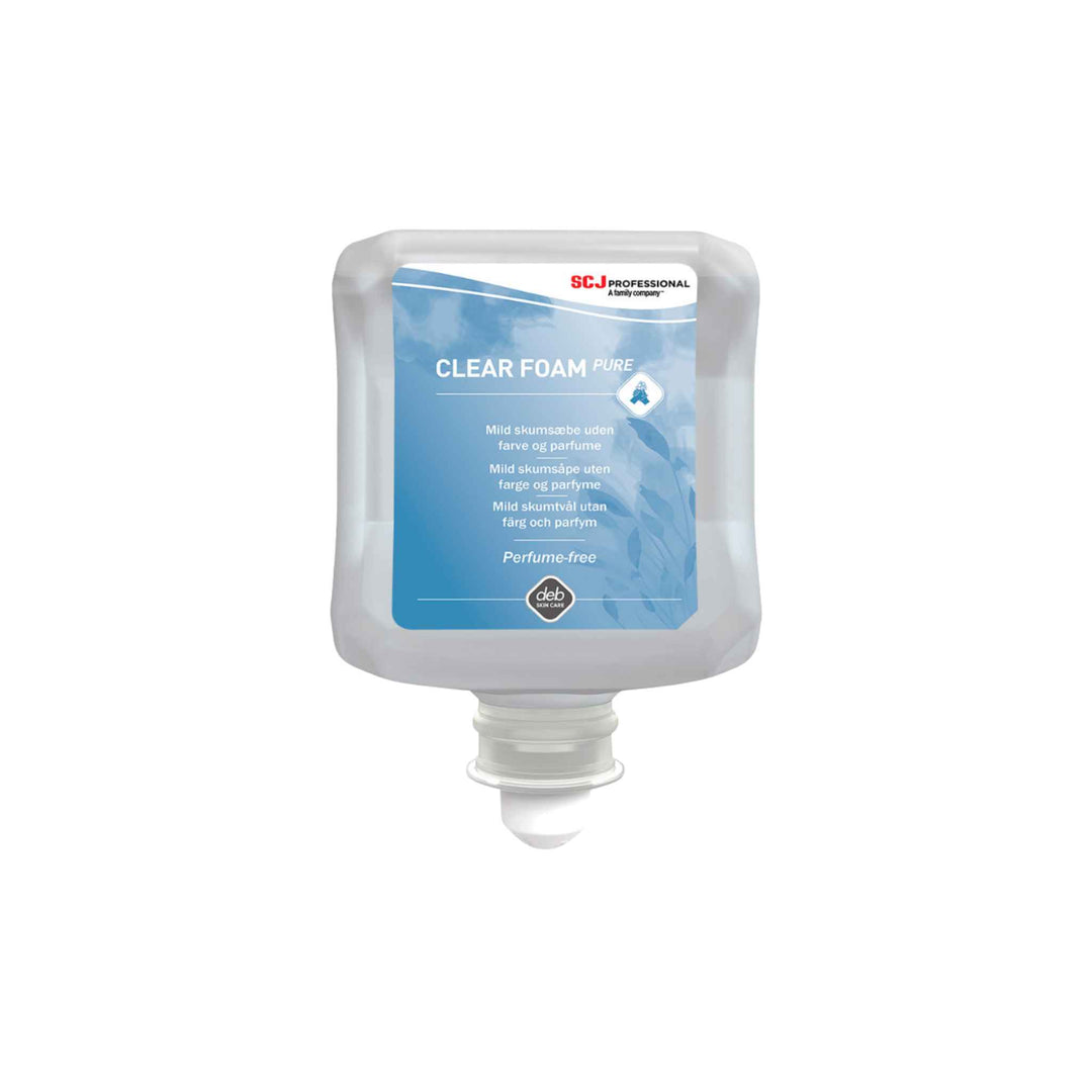 SC Johnson Clear Foam PURE skumsæbe 1 l, uden parfume, ECARF & EU-blomst, mild og allergivenlig.