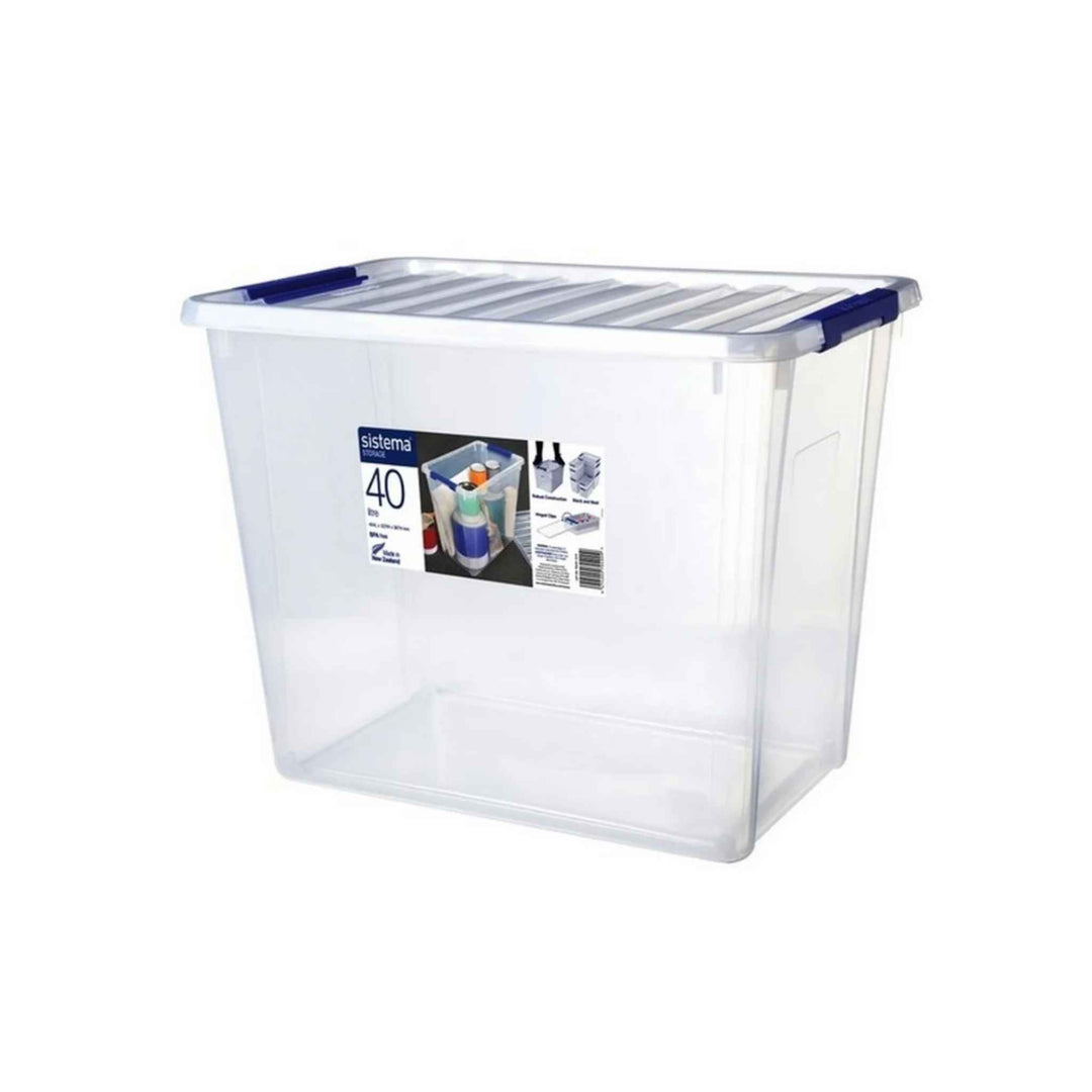 Transparent opbevaringskasse med låg 40 liter og blå Sistema-klip, stabelbar, BPA-fri opbevaring.