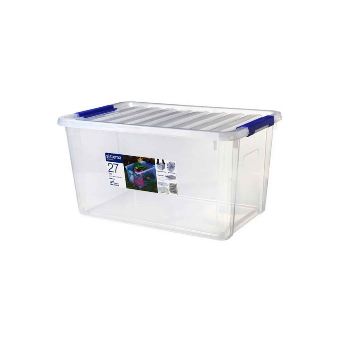Transparent Sistema opbevaringsboks med låg 27 liter med blå låsemekanismer, stabelbar og BPA-fri.