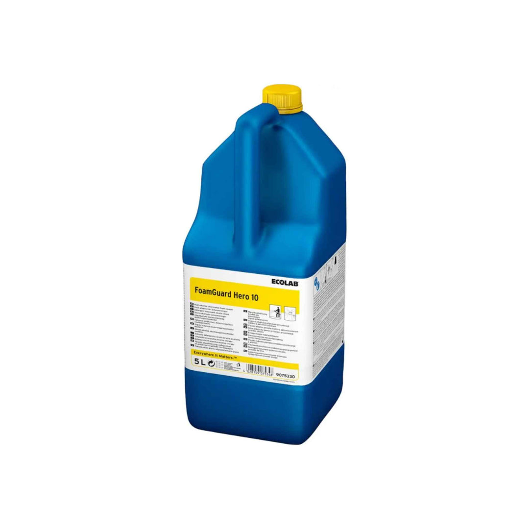 Ecolab Foamguard Hero 10 skumrengøring 5 ltr. x 2 stk., stærkt alkalisk middel til fødevareområder, effektiv mod fedt og snavs.