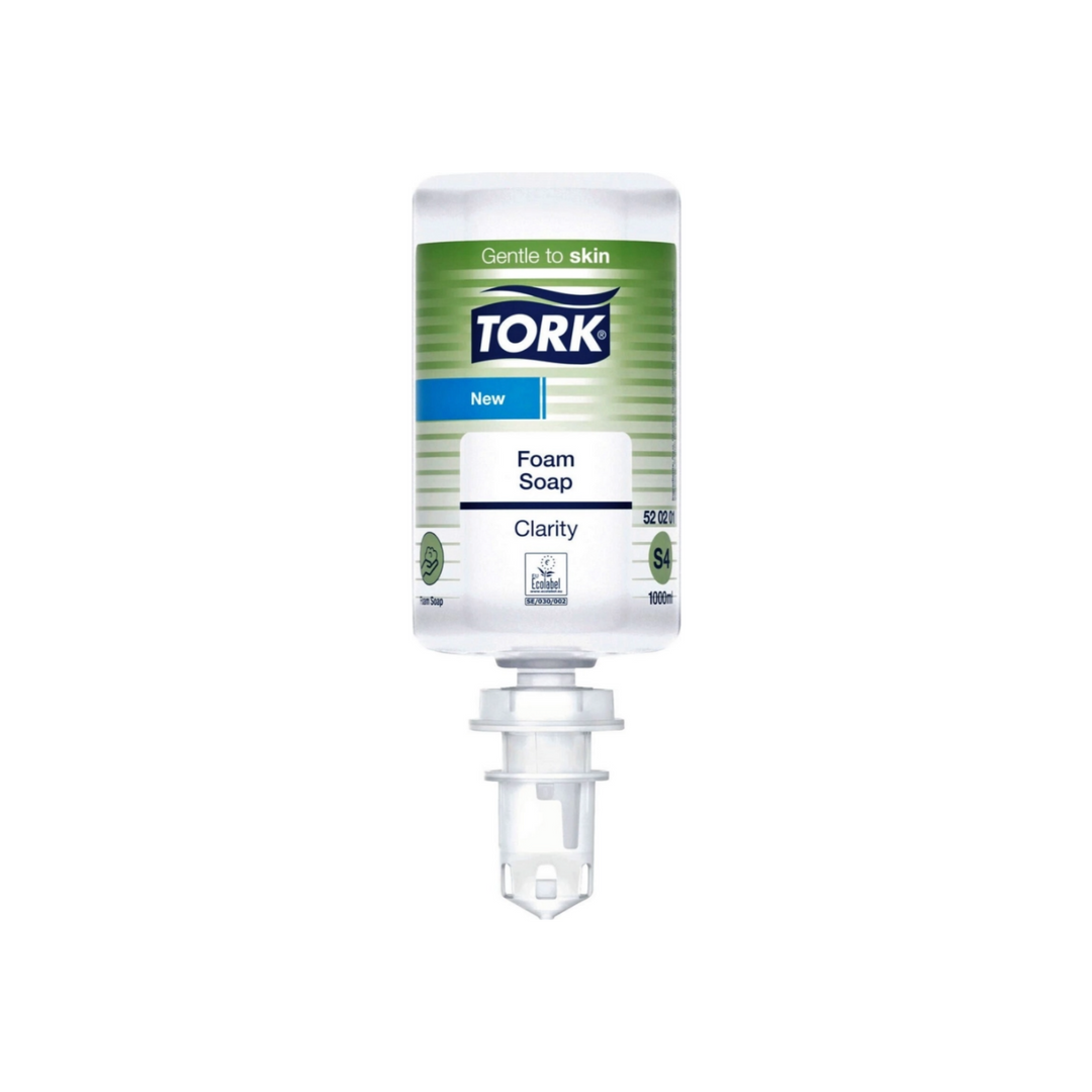 Tork S4 Clarity 520201 skumsæbe - miljøvenlig og uden parfume. Let at genopfylde. 6 refiller á 1 liter fra Cares.dk.