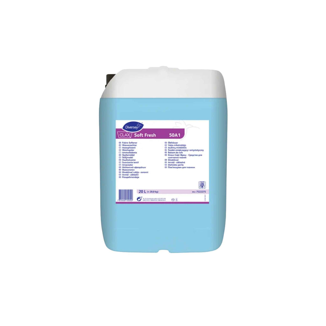 Diversey Clax Soft Fresh 50A1 20 ltr., professionelt skyllemiddel med frisk duft, der giver bløde og lette tekstiler.