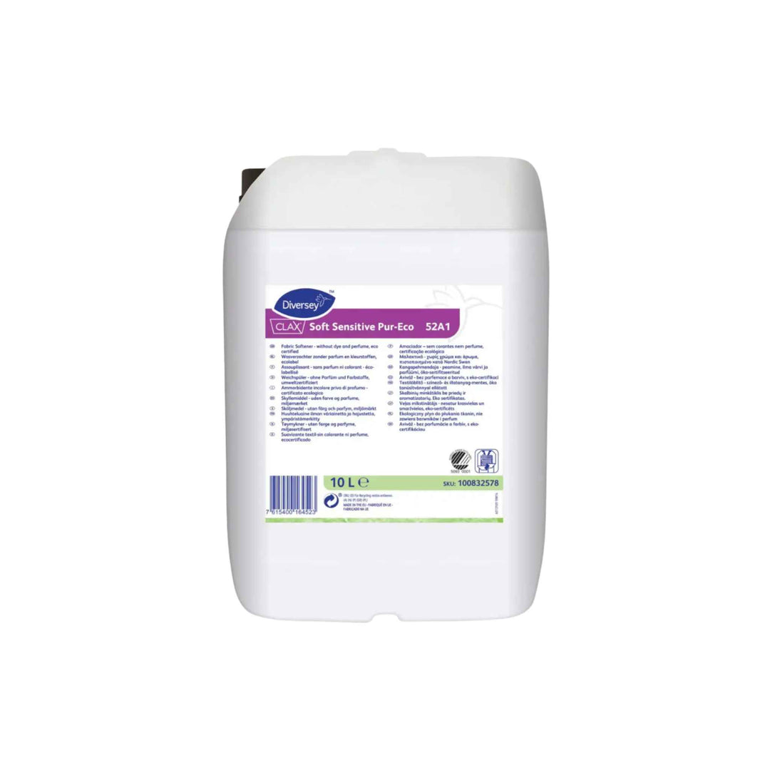 Diversey Clax Soft Sensitive Pur-Eco 52A1 10 ltr., svanemærket skyllemiddel uden parfume til sensitiv hud og bløde tekstiler.