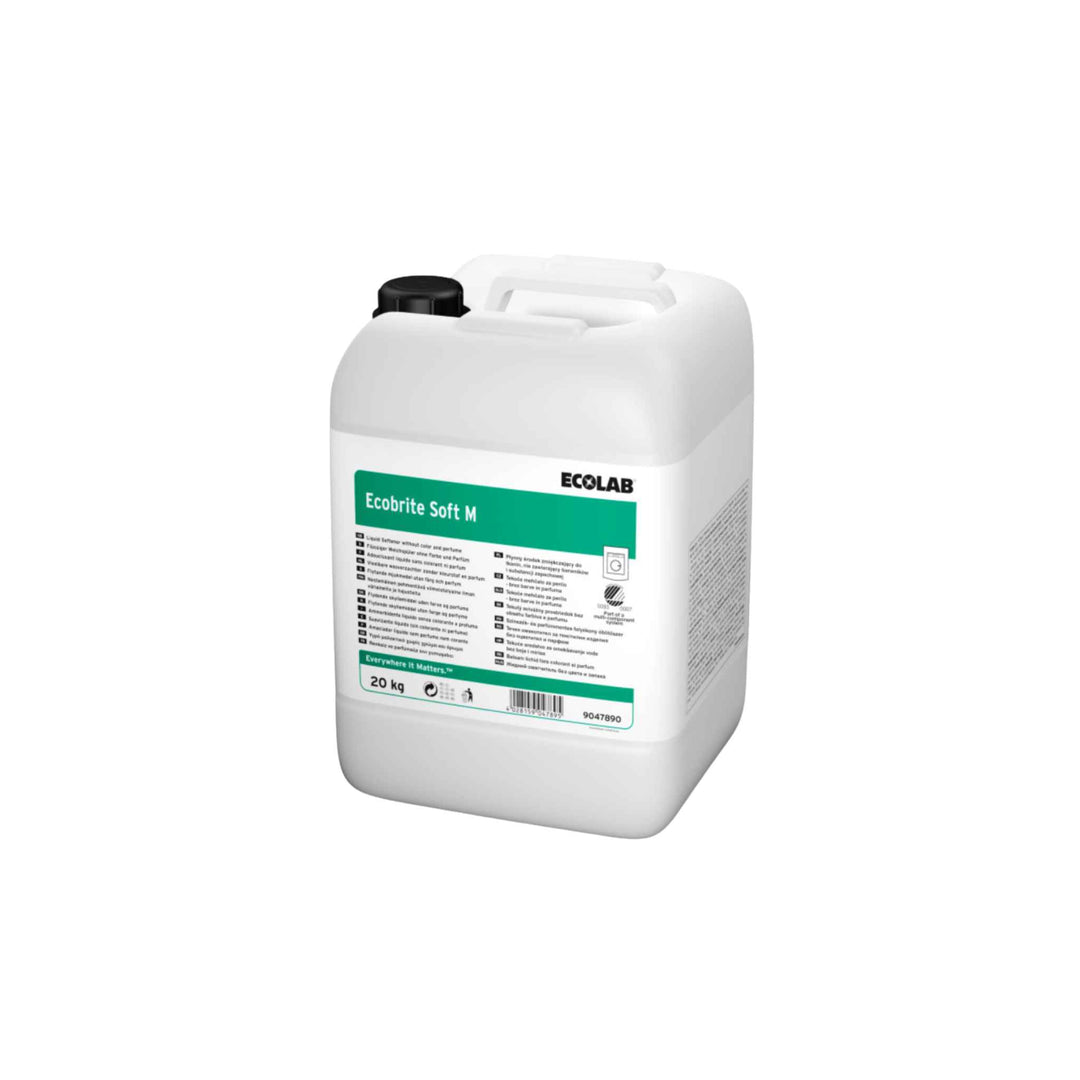 Ecolab Ecobrite Soft M skyllemiddel 20 kg, svanemærket og parfumefrit, giver bløde tekstiler og modvirker statisk elektricitet.