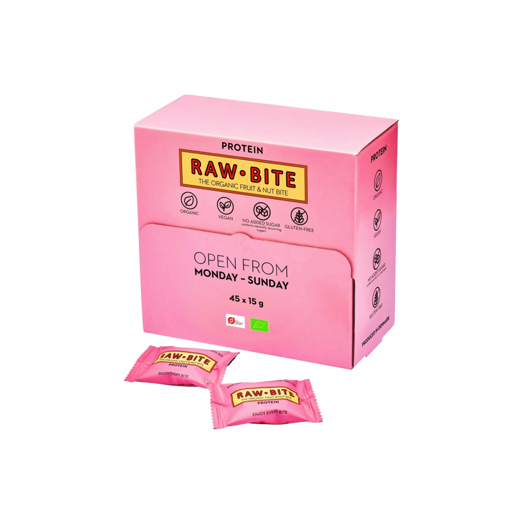 Snackbox Rawbite Protein Vegan Oeko, 15 g x 45 stk., sunde müslibarer uden tilsat sukker, laktose og gluten.