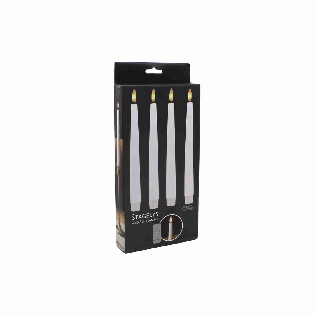 Fire hvide 3D LED-stagelys på 24,5 cm med realistisk flamme, batteridrevet og timerfunktion for sikker hyggebelysning.