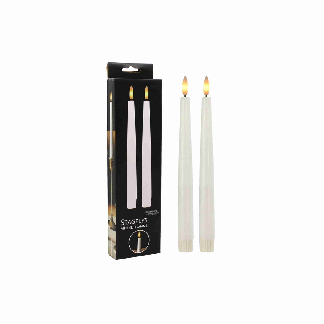 Sæt med 2 hvide 24,5 cm LED-stagelys med realistisk 3D-flamme, sikker og vedligeholdelsesfri hyggebelysning uden brandfare.
