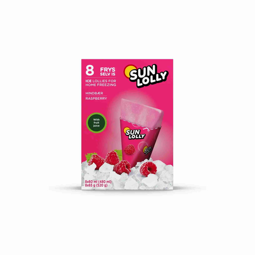 Pakke med 8 Sun Lolly is med intens hindbærsmag, lavet på ægte frugtsaft, uden kunstige tilsætningsstoffer.