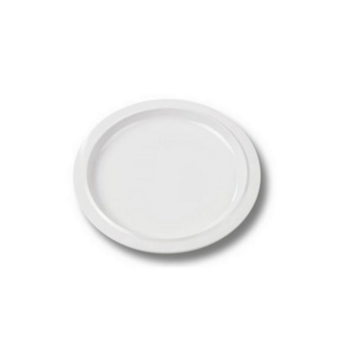 Hvid tallerken fra Rosti Picnic, 24,5 cm, ideel til indendørs og udendørs brug.