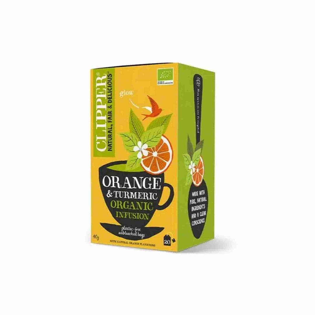 Økologisk Clipper te med appelsin og gurkemeje – 20 breve for nem brygning af en frisk, varm og velgørende kop.